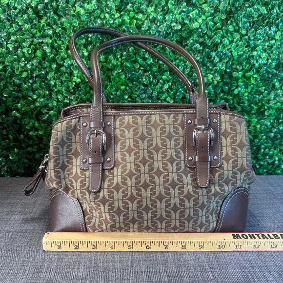 Womens Fossil Brown Signature Fabric Leather Shoulder Handbag Satchel Bag Purse - Picture 4 of 15